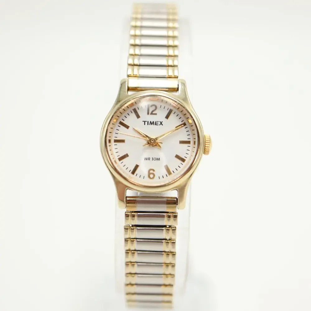 Timex Two Tone Petite 19mm Womens Watch Metal Stretch Band w New Battery